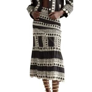 Zara Black White Boho Embroidered Linen Mermaid Midi Skirt size S Blogger Fave